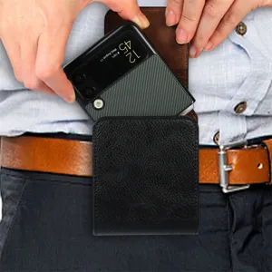 Étui de téléphone en cuir noir pochette de ceinture avec boucle pour smartphones.