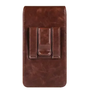 Close-up of brown leather vertical phone pouch with secure belt clip and loop design.