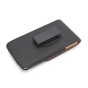 Black PU leather vertical phone holster pouch with sturdy belt clip for daily use detail.