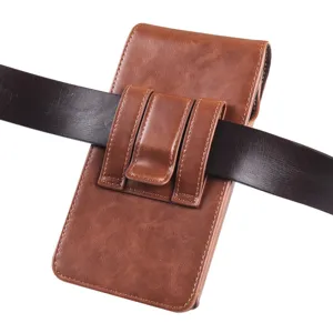 Vertical brown leather phone holster for belt wear, durable protective pouch case for men daily use.