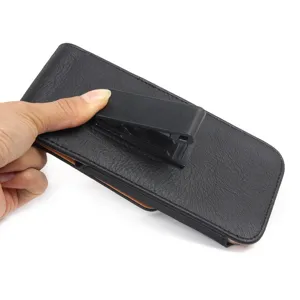 Detail view of a black leather phone holster with belt clip, universal utility pouch.