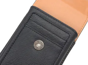 Close-up detail view of black leather belt pouch featuring card slots and magnetic snap.
