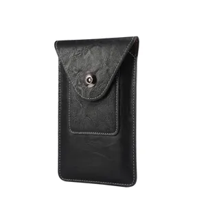 Schwarze Leder Handytasche Gürtelholster für Herren mit Druckknopf und dekorativen weißen Nähten.