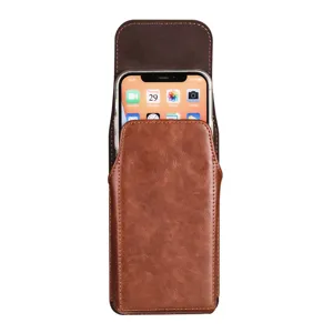 Brown leather vertical phone holster belt pouch for men, durable waist bag with magnetic closure.