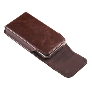 Close-up detail of brown vertical leather phone holster case, premium stitching and flap.