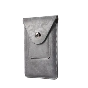 Graue PU-Leder vertikale Handytasche für Herren, stylische Gürteltasche mit Druckknopf.