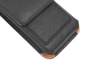 Close-up detail shot of black leather phone holster with contrast brown stitching and texture.