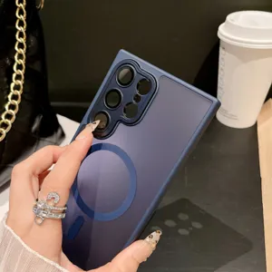 Matte magnetic phone case in dark blue with camera protection ring and wireless charging.