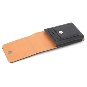 Black PU leather universal phone holster with card slots and secure magnetic snap closure.