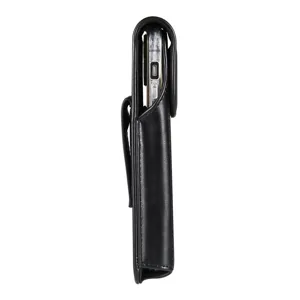 Detailed side view of black leather phone holster with belt loop and magnetic closure.