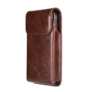 Brown vertical leather phone holster detail, premium PU pouch case for smartphone use.
