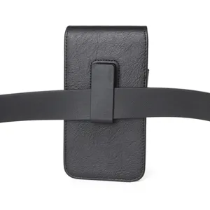 Detailed view of black faux leather phone holster pouch with belt clip and loop.