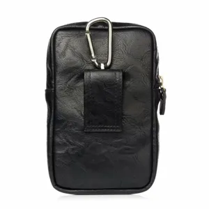 Pochette de téléphone noire avec boucle de ceinture et mousqueton pour activités en plein air.