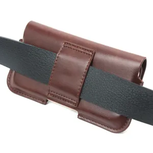 Detail view of horizontal brown leather phone holster pouch designed with sturdy belt loop.