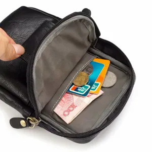 Sac de ceinture multifonctionnel en cuir noir avec double fermeture éclair pour le plein air