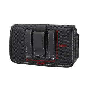 Men's black fabric horizontal mobile phone waist pouch with belt loop and clip for work.