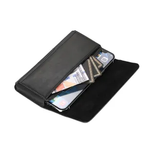 Black leather horizontal phone holster with belt loop, card slots, and secure magnetic closure.