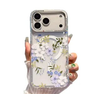 Custodia per iPhone MagSafe floreale trasparente con strass, cover protettiva elegante donna.