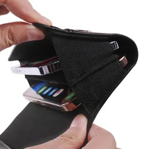 Gedetailleerd overzicht van het interieur en de opslag van de verticale PU-lederen telefoonhoes.