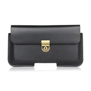 Black horizontal leather phone holster showing fine texture and golden metal clasp.