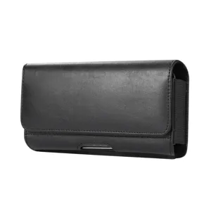 Black leather phone holster detail, magnetic closure, belt loop design for daily use.
