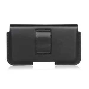 Black leather horizontal phone holster detail view, portable waist bag with sturdy belt clip.