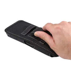 Men's black nylon waist phone pouch detail, durable belt holster with clip and loop for work.