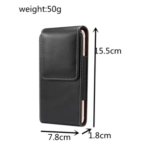 Vertikale schwarze Leder Handyholster Detailansicht zeigt genaue Abmessungen und Gewicht.