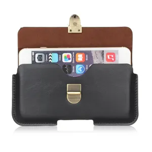 Black leather horizontal waist pouch holster case with belt loop for mobile phone storage.