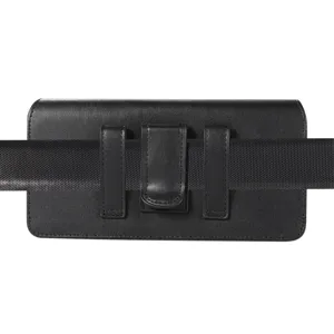 Black leather horizontal phone holster waist pouch with belt clip and loops for men