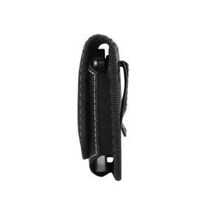 Durable nylon cell phone holster with belt clip, side view of black phone pouch case.