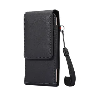 Black leather vertical phone holster pouch with belt loop and strap for smartphone.