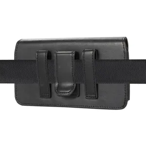 Black leather phone holster detail showing belt loop and waist clip for men daily carry.