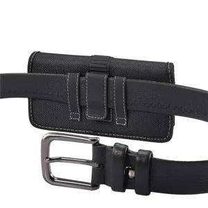 Detailed view of black nylon phone pouch holster and leather belt for men outdoor work.