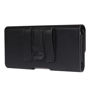 Detailansicht des schwarzen PU-Leder Universal-Handyhalters mit Gürtelclip und Schlaufe.