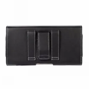Detailed close-up view of the black PU leather vertical phone holster with belt clip.