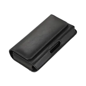Black leather phone holster detail, waist belt pouch with magnetic closure and card slot.