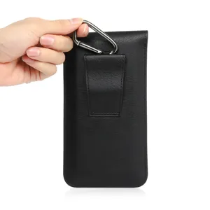 Black leather phone waist pouch with belt clip and carabiner detail view for outdoor use.