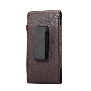Detailed view of brown leather vertical phone holster with secure belt clip and striped tab.
