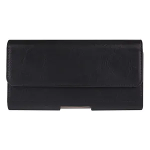 Schwarze PU Leder Handytasche Detailansicht mit praktischer Befestigung für Reisen.
