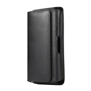 Black leather phone holster for men, belt loop waist pouch with card slots and magnetic closure.