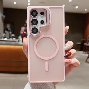 Coque de téléphone magnétique rose avec support caméra en métal pour Samsung S25 Ultra.
