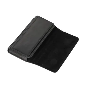 Black leather phone waist bag detail shot, horizontal belt holster with magnetic flap closure.