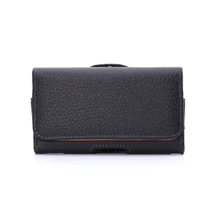 Schwarze Handy-Gürteltasche aus Leder im Querformat mit Gürtelclip und Litschi-Muster.