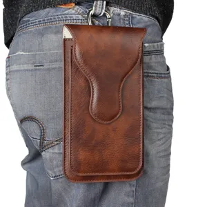 Brown leather double layer phone pouch holster with carabiner clip for belt waist hanging.