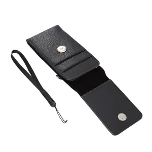 Black litchi pattern vertical leather phone holster card slot detail view features.
