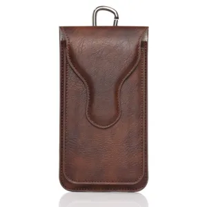 Detailed close-up of brown leather phone holster featuring double layers and durable metal hanging hook.