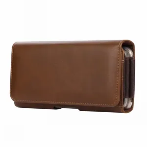 Detail view of brown PU leather vertical phone holster, 5.5-6.7 inch double layer belt pouch.