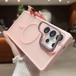 Coque de téléphone magnétique rose avec support de caméra en métal pour Samsung Galaxy, silicone.