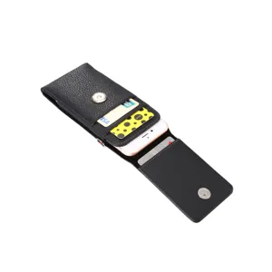 Universal litchi pattern vertical phone holster with multi card slots and magnetic closure.